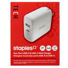 Staples - Chargeur mural GaN USB-A/USB-C de Staples - 37 W - Blanc-Chargeur mural à 2 ports PD (Power Delivery) de 37 W avec ports de chargement USB-A de 12 W et USB-C de 25 W