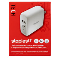 Staples - Chargeur mural GaN USB-A/USB-C de Staples - 37 W - Blanc-Chargeur mural à 2 ports PD (Power Delivery) de 37 W avec ports de chargement USB-A de 12 W et USB-C de 25 W