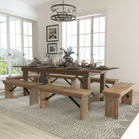 Flash Furniture - Ensemble de table de campagne pliante rustique antique de 8 pi x 40 po de la série HERCULES et 6 bancs-Table à manger de campagne avec finition en teinture blanche rustique