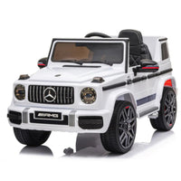 KIDS ON WHEELZ - Voiture enfant Mercedes-Benz AMG G63 12 V avec télécommande parentale - Blanc-LE DESIGN RÉALISTE DE LA Mercedes-Benz AMG G63, La voiture pour enfants Mercedes-Benz sous licence officielle comprend le logo classique Mercedes-Benz et AMG, des phares ronds uniques et un design de roue de secours, des portes latérales ouvrables pour un accès facile et pratique, un siège en cuir de luxe et un design extérieur et intérieur complet