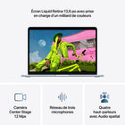 Apple - MacBook Air 13 po - M5 - 10 coeurs - 512 Go SSD - Mémoire unifiée 16 Go - Bleu ciel-Caméra Center Stage 12 MPX - Pendant vos appels vidéo, restez automatiquement au milieu de l’image avec Cadrage centré ou utilisez Vue du bureau pour partager un plan en plongée de votre espace de travail. Et profitez d’un son incroyable grâce à un réseau de trois micros et un système à quatre haut-parleurs avec Audio spatial et Dolby Atmos