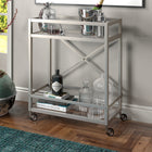 Hudson&Canal - Chariot-bar Wilson 30 po de largeur - Nickel satiné-Une finition nickel satiné fabriquée à la main est appliquée sur le cadre en acier