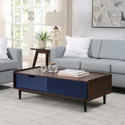 Manhattan Comfort - Table basse Duane 120 cm style mid-century moderne - marron foncé et bleu marine-Comprend 1 tiroir à extension totale et 1 espace de rangement ouvert
