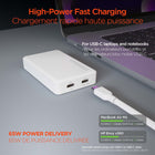 HyperGear - Chargeur mural de voyage plat ultra-fin à deux ports USB-C 65 W-Chargement rapide de 2 appareils à la fois