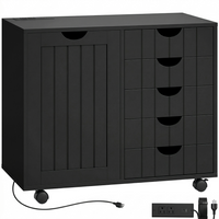 HOMCOM - Caisson mobile à 5 tiroirs latéraux avec ports USB - noir-Hub de chargement intégré avec ports CA, USB et USB-C pour réduire l’encombrement des câbles  