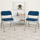 Chaise pliante Premium de la série HERCULES en métal et tissu marine à triple entretoise courbé et double charnière-Cadre incurvé à triple entretoise et double charnière