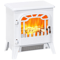 HOMCOM - Foyer électrique portatif sur pied 14 po, 750/1500 W, blanc-Cheminée électrique autoportante avec façade en verre trempé transparent pour une meilleure visibilité  