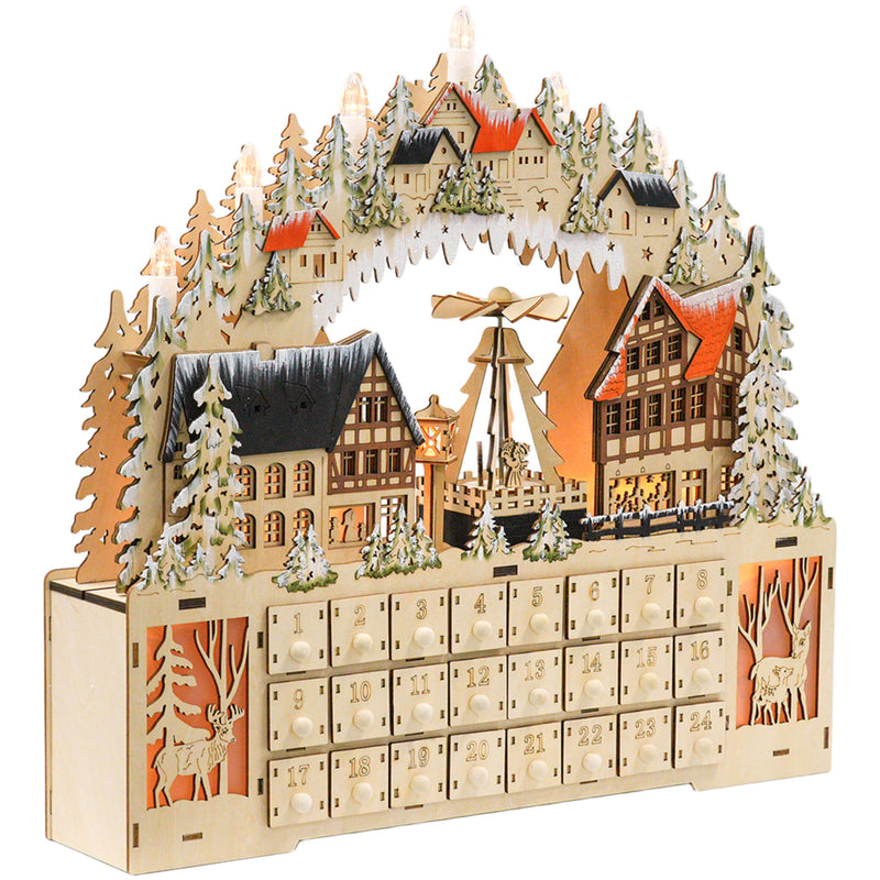 HOMCOM Calendrier De L'Avent LED Village Enneigé - 24 Tiroirs + Lumières Chaudes - Décoration Noël Réutilisable (Beige)