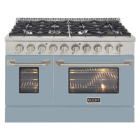 Kucht - 48 po Série KDF Cuisinière Pro Style au gaz naturel - Acier inoxydable/Bleu pâle-Cuisinez et pâtissez comme un professionnel grâce à deux fours séparés avec grandes fenêtres de four : le four principal en porcelaine bleue robuste offre 4,2 pi³ de capacité, tandis que le four latéral additionnel dispose de 2,5 pi³
