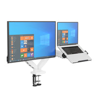 ShoppingAll - Support double pour moniteur VESA et ordinateur portable avec bras à ressort à gaz entièrement réglable et pince de bureau - Blanc-Compatibilité 2-en-1 : Prend en charge les moniteurs de 13 à 32 po pesant de 4,4 à 19,8 lb avec des modèles de montage VESA 75 x 75 mm et 100 x 100 mm et des ordinateurs portables jusqu’à 18 po, parfaits pour les configurations de travail ergonomiques. Le support peut être converti d’un bras à double moniteur en un support de moniteur et d’ordinateur portable. (Pla
