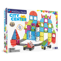 Magna-Tiles - Ensemble de construction magnétique Centre-ville 110 pièces-Ce qui est inclus: 110 pièces magnétiques, y compris des pièces de route, des escaliers en colimaçon et classiques, des balcons, des clôtures, des microMAGS et un châssis à roues avec des essieux pour donner vie à votre ville