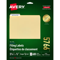 Avery − Étiquettes pour dossiers TrueBlock laser et jet d’encre − 3 7/16 po x 2/3 po − barre bleue − paquet de 600 (5766)-Étiquettes pour dossier
