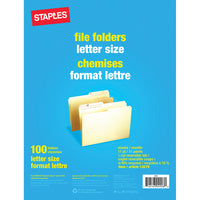 Staples Manila File Folders - Letter Size - 100 Pack-Has reversible 1/2-cut tabs for easy labelling