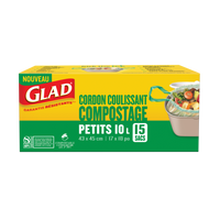 Glad - Petits sacs compostables à cordon coulissant - non parfumés - 10 L - Paquet de 15-PETITS SACS DE COMPOSTAGE À CORDON COULISSANT: Boîte de 15 petits sacs Glad de 10 L à cordon coulissant.