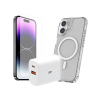 TUFF8 - iPhone 16 Plus - Offre groupée, Verre trempé, Chargeur PD 30W-Étui MagSafe TUFF8 : Conçu pour l'aventure, cet étui robuste offre une protection inégalée contre les chutes, les chocs et les rayures, tout en s'intégrant de manière transparente aux accessoires MagSafe pour une commodité et un style ultimes.