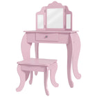 Qaba - Coiffeuse pour enfants avec tabouret, coiffeuse maquillage pour filles avec miroirs trifold, tiroir étoile - rose-L'ensemble de 2 pièces comprend une coiffeuse et un tabouret assorti  
