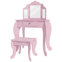 Qaba - Coiffeuse pour enfants avec tabouret, coiffeuse maquillage pour filles avec miroirs trifold, tiroir étoile - rose-L'ensemble de 2 pièces comprend une coiffeuse et un tabouret assorti  
