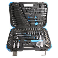 Fixtec - Jeu d'outils de mécanique avec cliquet et douilles de 3/8 pouce (132 pièces)-Cet ensemble d'outils polyvalent couvre trois tailles de douilles différentes : 3/8", 1/2" et 1/4".