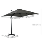 Outsunny - Parasol de terrasse carré déporté avec rotation à 360° et inclinaison - 8 pi x 8 pi - gris-Mât en aluminium et huit baleines en acier avec revêtement en poudre soutiennent une toile en polyester de 200 g résistante aux UV pour des années d'utilisation