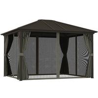 Outsunny - Gazebo Deluxe Hardtop de 10' x 12' avec rideaux et moustiquaire - Gris-Cadre en aluminium résistant à la rouille et toit en acier solide pour une grande durabilité 