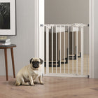 PawHut - Barrière pour animaux de compagnie de 74 à 81 cm de large avec porte, barrière pour chien d'intérieur pour escaliers - Blanche-Lorsque l'angle d'ouverture est compris entre 30° et 90°, la porte se ferme automatiquement