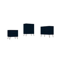 Manhattan Comfort - Ensemble de commodes de chambre à coucher Rockefeller style milieu du siècle moderne - Tatiana bleu minuit - ensemble de 3-Commode haute Mid-Century Modern, commode standard et table de chevet pour chambre à coucher, ensemble de 3