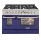 Kucht - 48 po Série KDF Cuisinière Pro Style à double combustible - Acier inoxydable/Bleu-Cuisinez et pâtissez comme un professionnel grâce à deux fours séparés avec grandes fenêtres de four : le four principal en porcelaine bleue robuste offre 4,2 pi³ de capacité, tandis que le four latéral additionnel dispose de 2,5 pi³