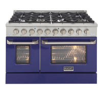 Kucht - 48 po Série KDF Cuisinière Pro Style à double combustible - Acier inoxydable/Bleu-Cuisinez et pâtissez comme un professionnel grâce à deux fours séparés avec grandes fenêtres de four : le four principal en porcelaine bleue robuste offre 4,2 pi³ de capacité, tandis que le four latéral additionnel dispose de 2,5 pi³