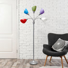 Simple Designs - Lampe de sol argentée à col de cygne réglable, 5 lampes, abat-jour multicolores primaires-5 x abat-jour en plastique (blanc, bleu, violet, vert, rouge)