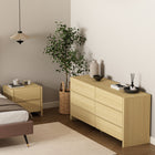 Manhattan Comfort - Ensemble moderne Linda 2 pièces : commode et table de chevet - Chêne naturel-Commode double comprenant 6 tiroirs spacieux avec extension de 0,75
