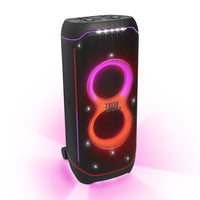 JBL - PartyBox Ultimate - Imposante Enceinte de Soirée, avec un Son Puissant, un Jeu de Lumière Multidimensionnel et un Design Résistant aux Éclaboussures-La JBL PartyBox Ultimate peut couvrir un espace immense, à savoir deux terrains de basket, avec le son JBL Pro original de qualité supérieure. Dotée de deux haut-parleurs drivers et d’un haut-parleur medium pour offrir un son plus fort. Les deux haut-parleurs haute fréquence et une paire de caissons de basses signifient qu’il y aura on ne peut plus de bas