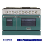 Kucht - 48 po Série KDF Cuisinière Pro Style à double combustible - Acier inoxydable/Vert-Cuisinière de classe professionnelle dotée de 2 brûleurs doubles de 20000 BTU avec fonction mijotage, 2 brûleurs de 12000 BTU, 2 brûleurs de 9000 BTU et 2 brûleurs de 6000 BTU