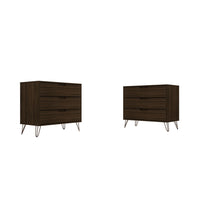 Manhattan Comfort - Rockefeller commode 3 tiroirs style milieu du siècle de 35,24 po - brun - ensemble de 2-Commode Mid-Century Modern pour chambre à coucher lot de 2