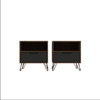 Manhattan Comfort - Rockefeller Table de Nuit 1 Tiroir Style Mid-Century Modern 51 cm - Naturel et Gris Texturé - Lot de 2-Table de chevet 2 pièces style milieu du siècle pour chambre et salon
