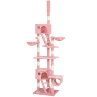 PawHut - Arbre à chat du sol au plafond 94 po-102 po H, avec poteaux à griffer, hamac - rose-Hauteur réglable (94,5 po à 102,4 po) pour plus de sécurité 