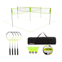 Triumph - Ensemble Combo 4 Carrés Volleyball/Badminton -LA TOUTE PREMIÈRE COMBINAISON À QUATRE JOUEURS — Transformez ces jeux classiques en matchs ultimes à 4 carrés. L’ensemble complet comprend un filet à 4 carrés de 20 pi x 20 pi, tous les poteaux, un ballon de volley-ball, une pompe à air, quatre raquettes de badminton en acier, trois volants, des limites, des piquets et une mallette de transport