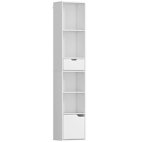 HOMCOM - Bibliothèque étroite haute à 6 niveaux avec tiroir et porte - blanc-Comprend quatre étagères ouvertes, un tiroir et un placard pour une organisation polyvalente 