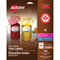 Avery 22804 Étiquettes ovales imprimables jusqu'au bord, permanentes, blanches, glacées, laser/jet d'encre, 1-1/2" x 2-1/2"-1