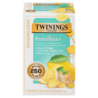 Twinings - Sachets de tisane Supermélanges Probiotiques+ Citron et gingembre - paquet de 18-Mélangée avec de la racine de gingembre, un arôme de citron, du curcuma, des clous de girofle, de la cannelle, de la racine de réglisse et un arôme de gingembre pour une expérience chaleureuse et savoureuse