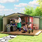 Abri de jardin Outsunny 11' x 13' avec kit de fondation - Blanc-Toit incliné empêchant l’accumulation d’humidité et de pluie  
