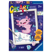 Ravensburger - CreArt peinture par numéros Axolotl-Comprend 1 tableau de peinture épaisse pré-imprimé ; peintures acryliques inodores à base d'eau en pots refermables ; 1 pinceau à pointe fine durable ; 1 palette porte-peinture ; une fiche guide facile à suivre ; et un cadre