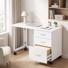 HOMCOM - Bureau d’ordinateur pliable mobile avec 3 tiroirs et roulettes - grain de bois blanc-Le grand tiroir du bas accueille des dossiers A4 et Lettre grâce à des rails réglables