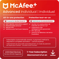 McAfee+ - Advanced logiciel individuel antivirus pour (illimité d’appareils)(Windows/Mac/Android/iOS/ChromeOS) - abonnement d'un an avec renouvellement automatique [téléchargement]-Préservez votre confidentialité et votre sécurité en ligne grâce à un service complet de suppression des données personnelles sur les sites de recherche de personnes et à une assistance à la suppression de vos renseignements depuis d'anciens comptes en ligne.
