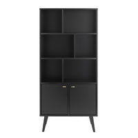 Prepac - Bibliothèque Milo Mid-Century Modern 29 po avec six étagères et deux portes - Noir-Bibliothèque rétro : Comprend six étagères ouvertes et deux compartiments recouverts de portes avec quatre pieds effilés en bois massif de 8 po de long, des boutons au fini laiton et une élégante finition stratifiée noire pour mettre en valeur un style épuré du milieu du siècle