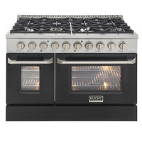 Kucht - 48 po Série KDF Cuisinière Pro Style à double combustible - Acier inoxydable/Noir-Cuisinez et pâtissez comme un professionnel grâce à deux fours séparés avec grandes fenêtres de four : le four principal en porcelaine bleue robuste offre 4,2 pi³ de capacité, tandis que le four latéral additionnel dispose de 2,5 pi³