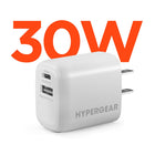 HyperGear - Chargeur mural double port USB-C 30 W et USB-A 18 W - Blanc-Charge rapide pour iPhone, iPad, téléphones et tablettes Android