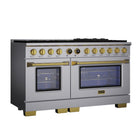 Kucht - 60 po Série KXP Cuisinière double énergie Gaz naturel - Acier inoxydable/Or-Cette cuisinière à dix foyers comprend deux brûleurs de 20 000 BTU, un de 15 000 BTU, deux de 12 000 BTU, trois de 9 000 BTU et deux de 6 000 BTU
