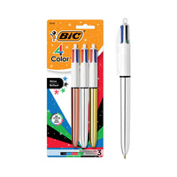 BIC - Stylos à bille à 4 couleurs Shine - rétractables - 1.0 mm - Paquet de 3-Un paquet de 3 stylos-billes rétractables BIC 4 couleurs Shine
