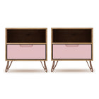 Manhattan Comfort - Rockefeller Table de Nuit 1 Tiroir Style Mid-Century Modern 51 cm - Naturel et Rose Poudré - Lot de 2-Table de chevet 2 pièces style milieu du siècle pour chambre et salon