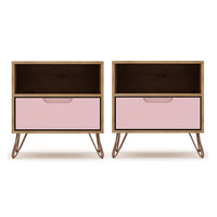 Manhattan Comfort - Rockefeller Table de Nuit 1 Tiroir Style Mid-Century Modern 51 cm - Naturel et Rose Poudré - Lot de 2-Table de chevet 2 pièces style milieu du siècle pour chambre et salon